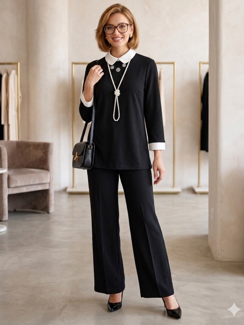 Karl Lagerfeld Top with Pearl Decor Necklace
